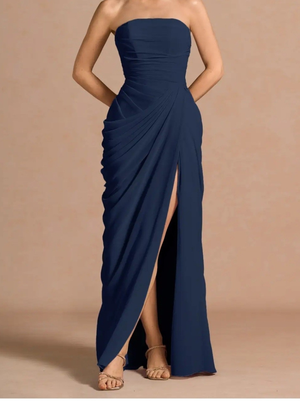 SHEIN Strapless Navy Blue Ruched Draped Gown with Thigh Slit